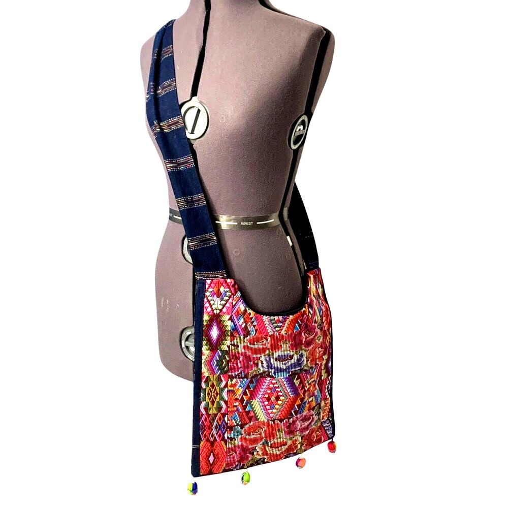 Bohemian Embordered Crossbody Hobo Bag Purse Boho Colorful Woven pom Tassels Zip